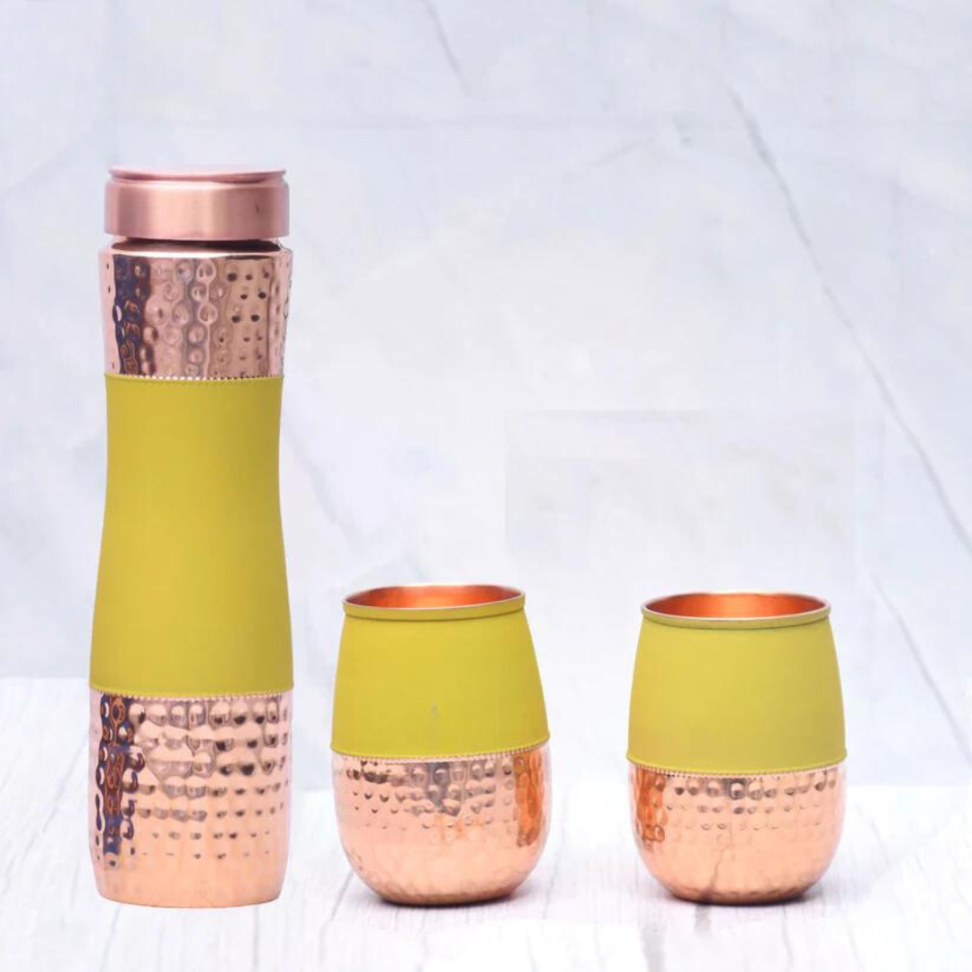 Pure Copper Water Bottle Multi - color Dholak  with 2 Glasses ( Set of 3 ) Capacity 1450 ML