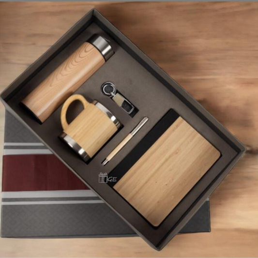 5 in 1 gift combo Set for corporate employee which include wooden stainless steel bottle, mug, keychain, pen and diary.