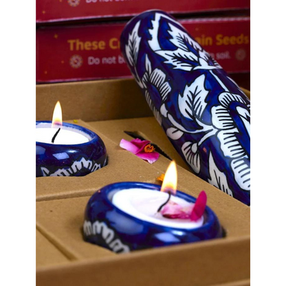 Lazy Gardener Diwali Good Gift Box for Plant Lover Combo 1 Indigo Mughal Ceramic Magnetic Planter with 2 Attractive Ceramic Diya | The Good Gift Box Solo