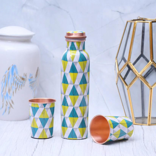 Spiffy Geometric Printed Copper Bottle with 2 Glasses / Tumbler Set of 3 Capacity 1450 ML