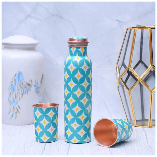 Refreshing Sky Blue Digital Printed Copper Bottle with 2 Glasses / Tumbler Set of 3 Capacity 1450 ML