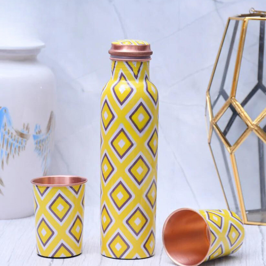 Exclusive Neon Design Printed Copper Bottle with 2 Glasses / Tumbler Set of 3 Capacity 1450 ML