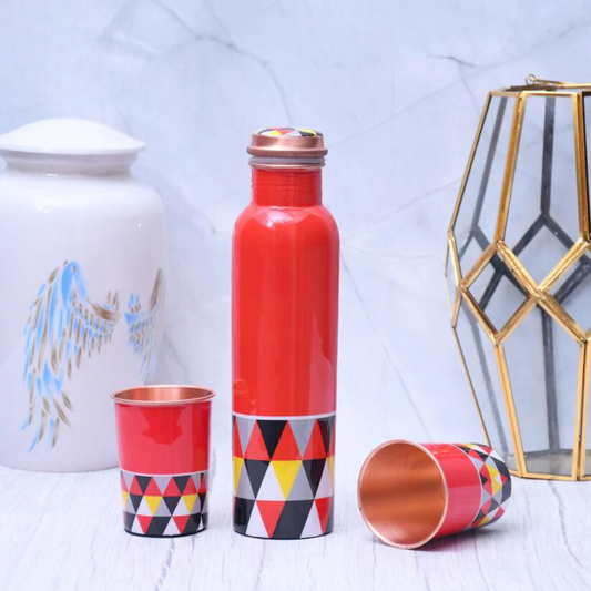 Exclusive Triangle Design Printed Copper Bottle with 2 Glasses/ Tumbler Set of 3 Capacity 1450 ML