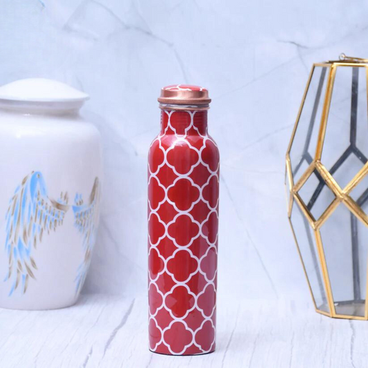 Red Floral Printed Pure Copper Water Bottle Leak Proof Capacity 1000 ML