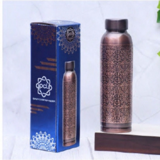 Pure Copper Water Bottle With 2 Antique Engraved Design Capacity 1000ML