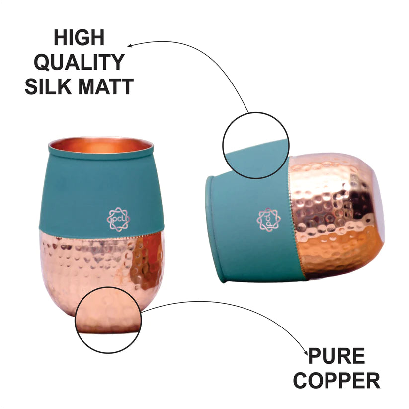 Pure Copper Water Glass Set of 2 Silk colored Cherry Half Hammered Dholak Tumbler Capacity 250ML