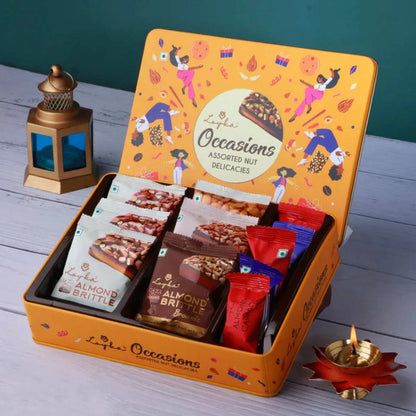 Occasions Assorted Nut Delicacies Reusable Tin Gift Box|Gift for all Occasions |Premium Chocolate Hamper| Choco Dry fruit Delicacy |Gift for Birthdays, Anniversary| Roasted Nuts (Almonds-Hazelnut)