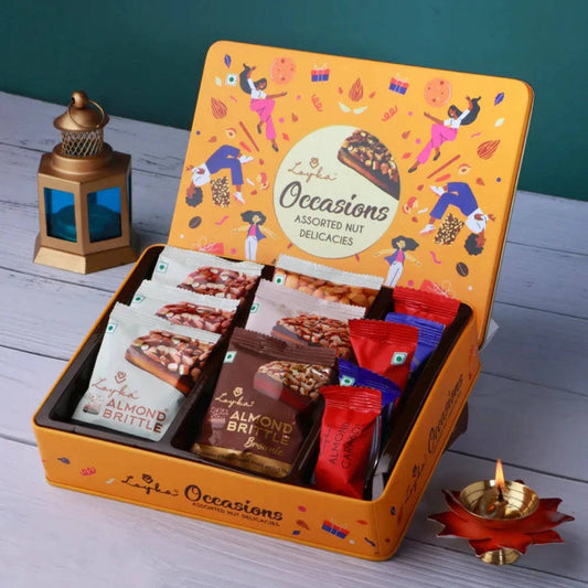 Occasions Assorted Nut Delicacies Reusable Tin Gift Box|Gift for all Occasions |Premium Chocolate Hamper| Choco Dry fruit Delicacy |Gift for Birthdays, Anniversary| Roasted Nuts (Almonds-Hazelnut)