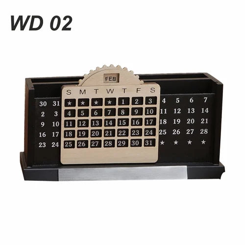 Brown and black Wooden Table Top Pen Holder with customized  calander